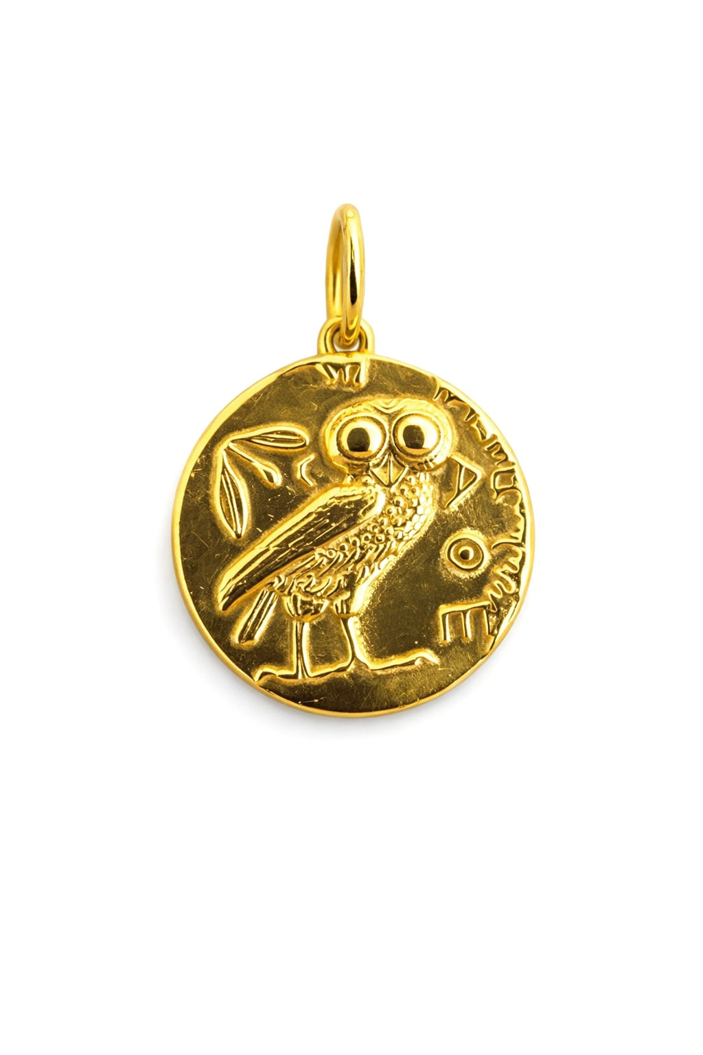 Athena owl coin pendant in 14K gold, measuring 14.7mm