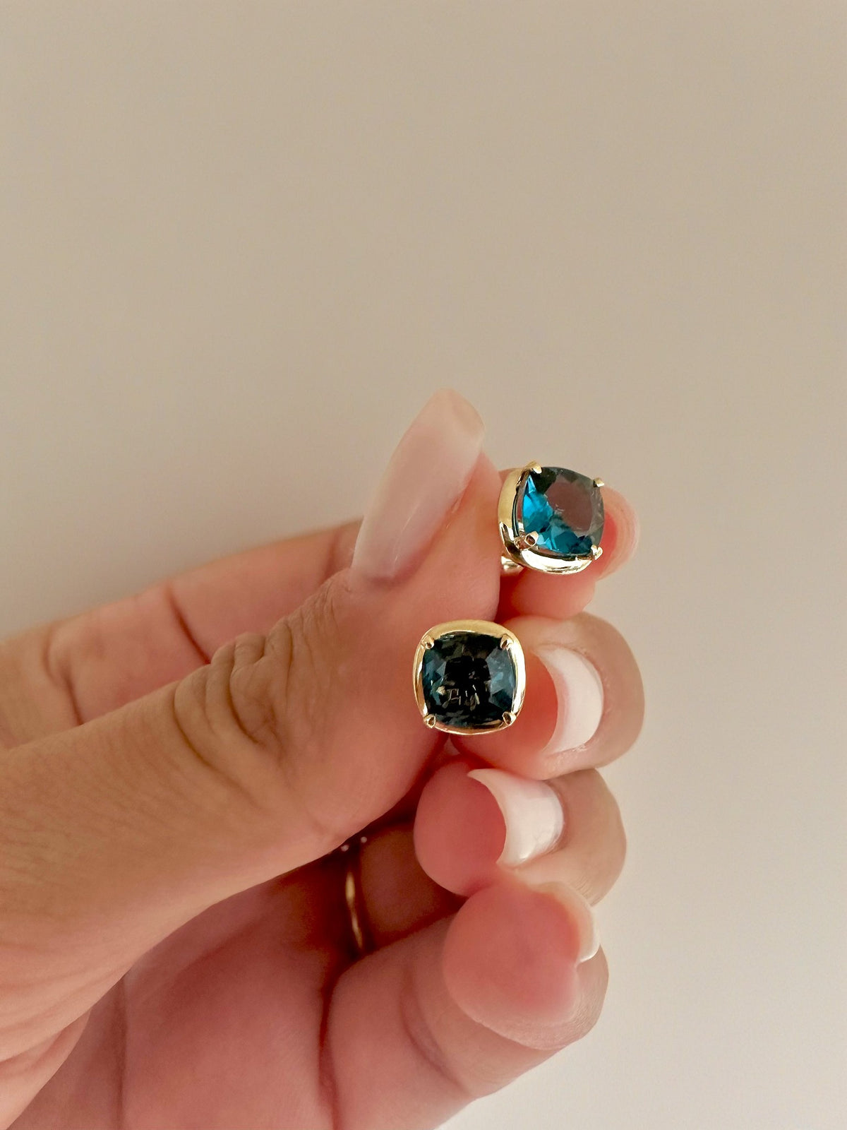 Cushion cut London blue topaz, 6mm, set in 18K rose gold earrings