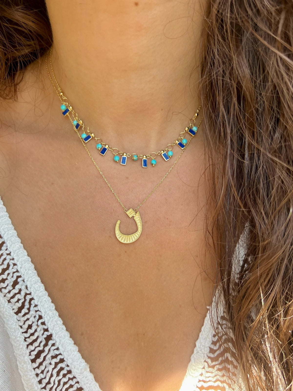 Turquoise station necklace with pearly enamel drops in solid 18K gold