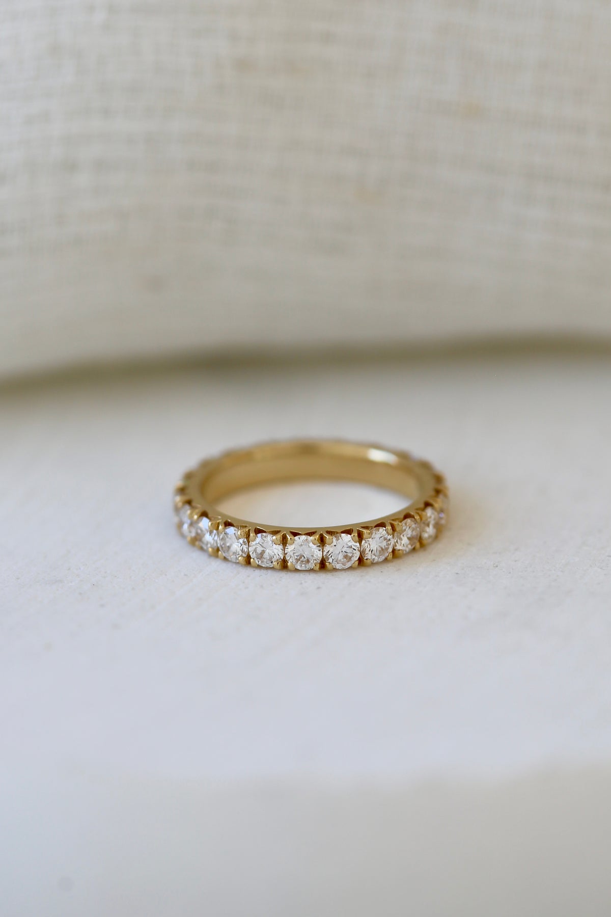 Eternity band with round lab diamonds set in a shared prong design
