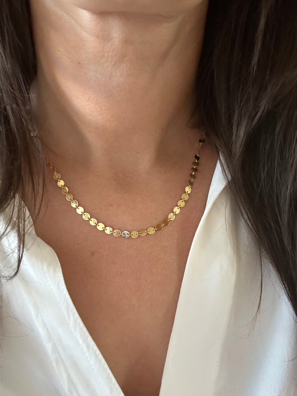 14K Solid Yellow Gold Disc Chain Necklace, 17 Inch