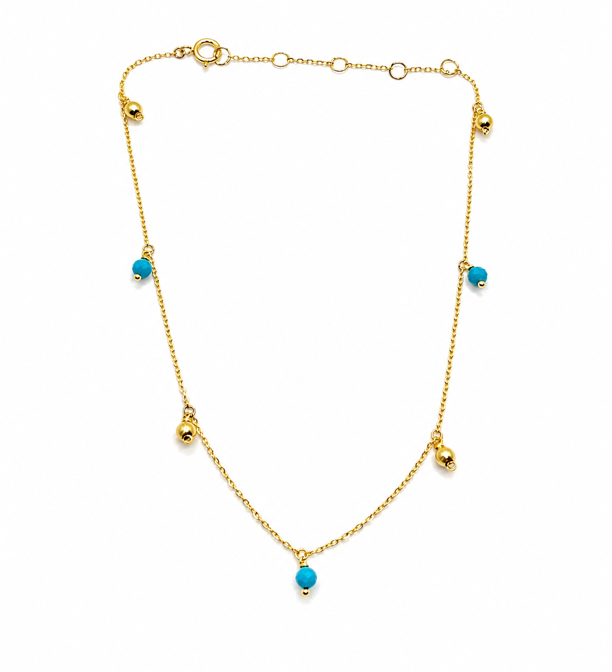 Gold anklet with alternating gold beads and pearls or turquoise beads