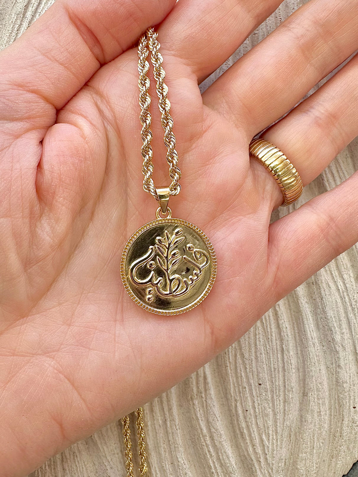 Palestine coin pendant in 14K or 18K yellow gold, 23mm polished coin | Yasmin Nabulsi Fine Jewelry