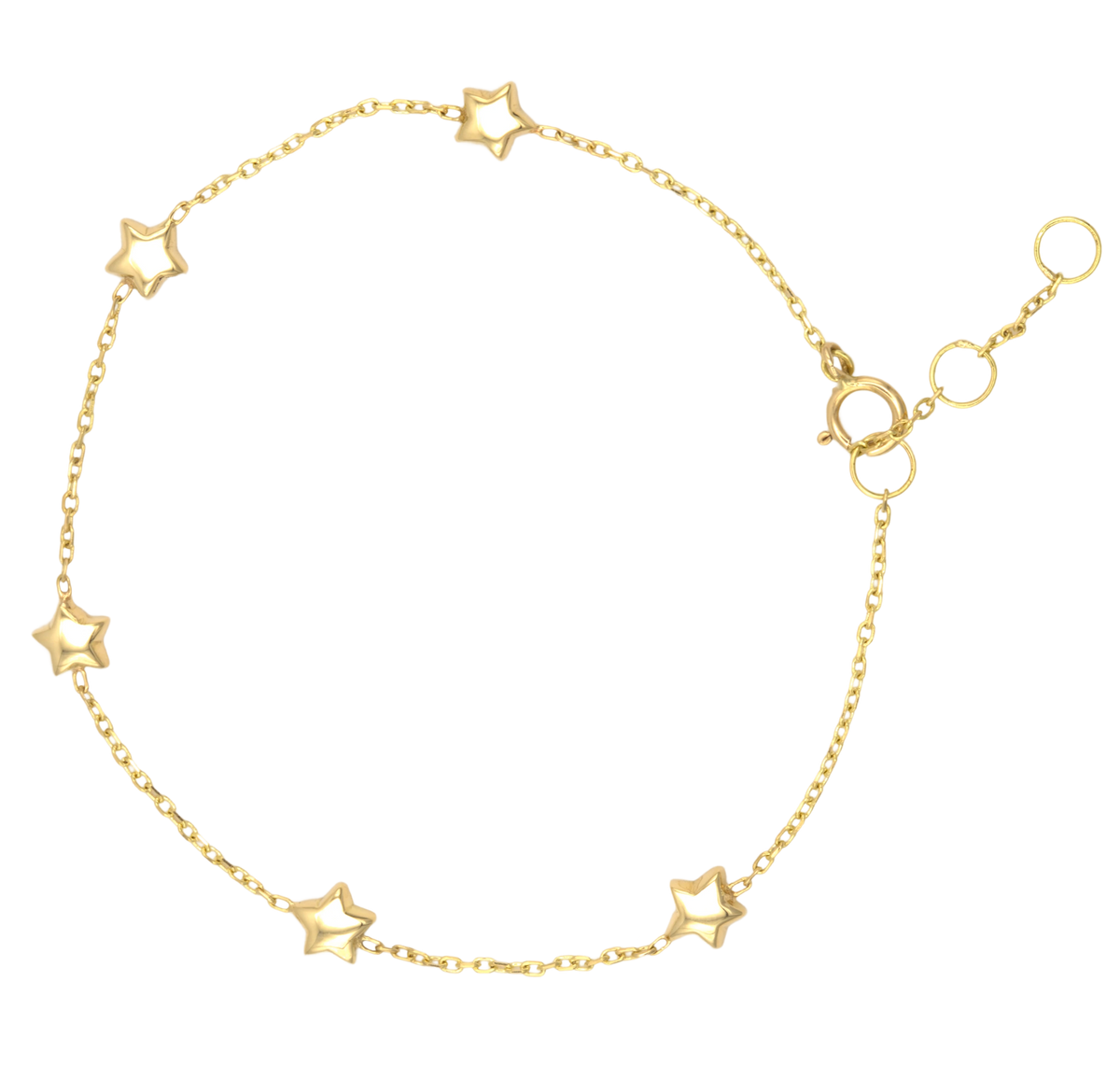 Puffy star charms with flat backs on an 18K gold bracelet, about 4.5mm each