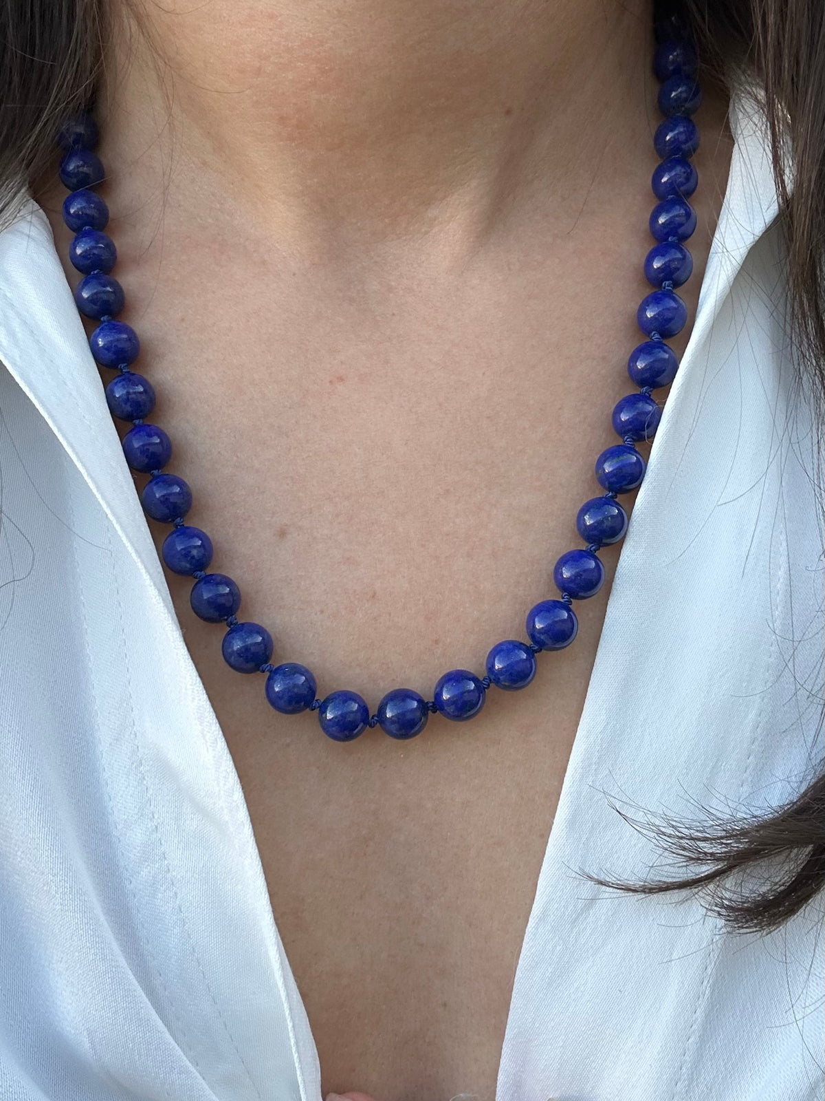 Lapis lazuli beaded necklace with 18K gold findings and natural 8.40mm beads | Yasmin Nabulsi Fine Jewelry