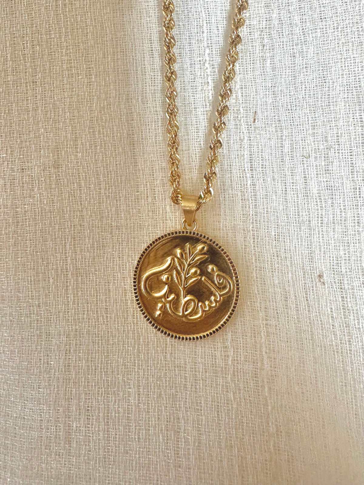 Third view of the Palestine coin pendant in polished yellow gold