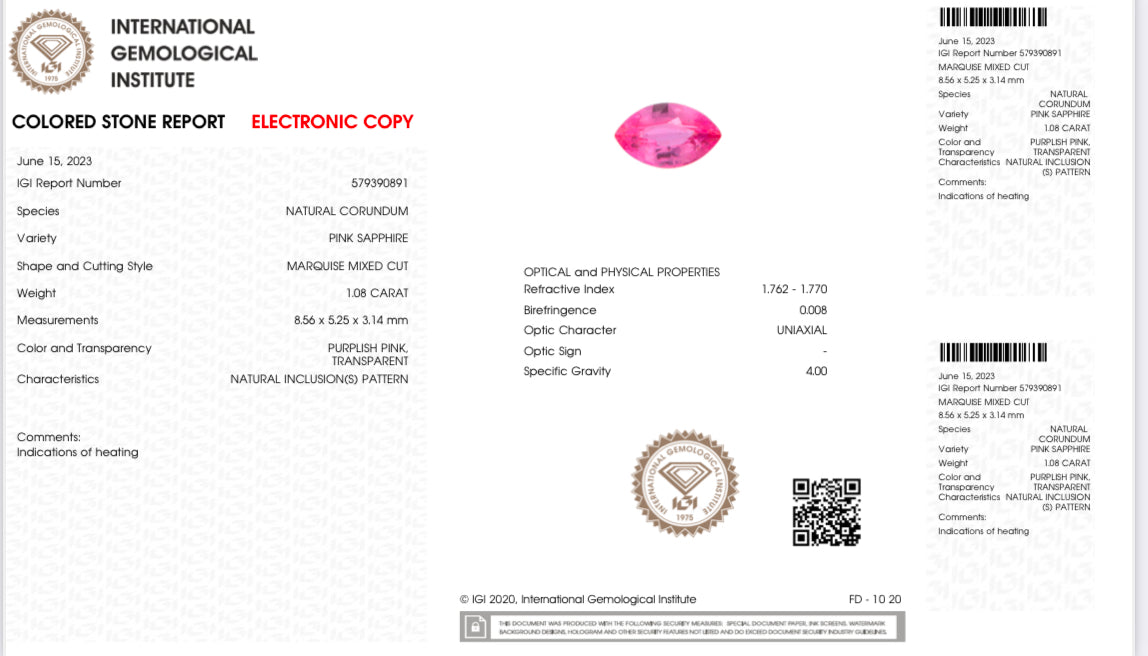 Heated pink sapphire in marquise mixed cut, 8.56 by 5.25 by 3.14 mm