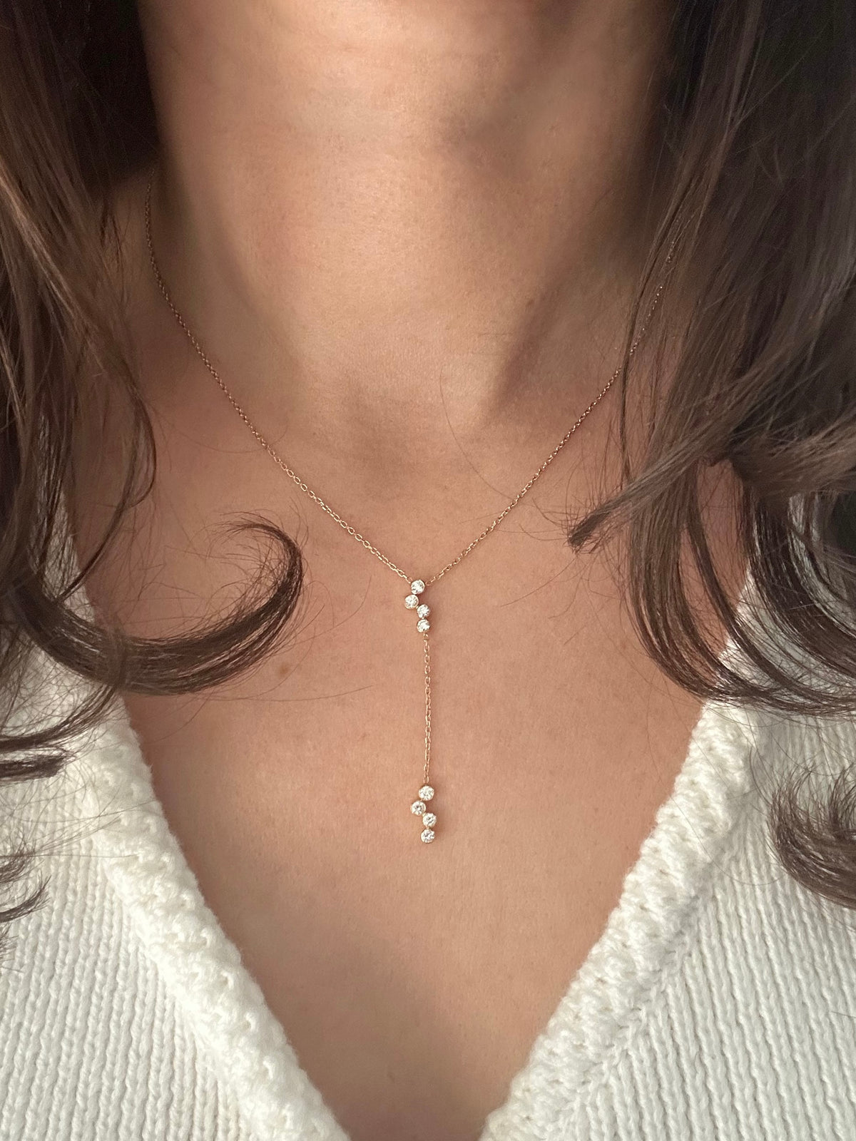 Dainty lab diamond Y necklace in 18K solid gold with a 0.9mm cable chain