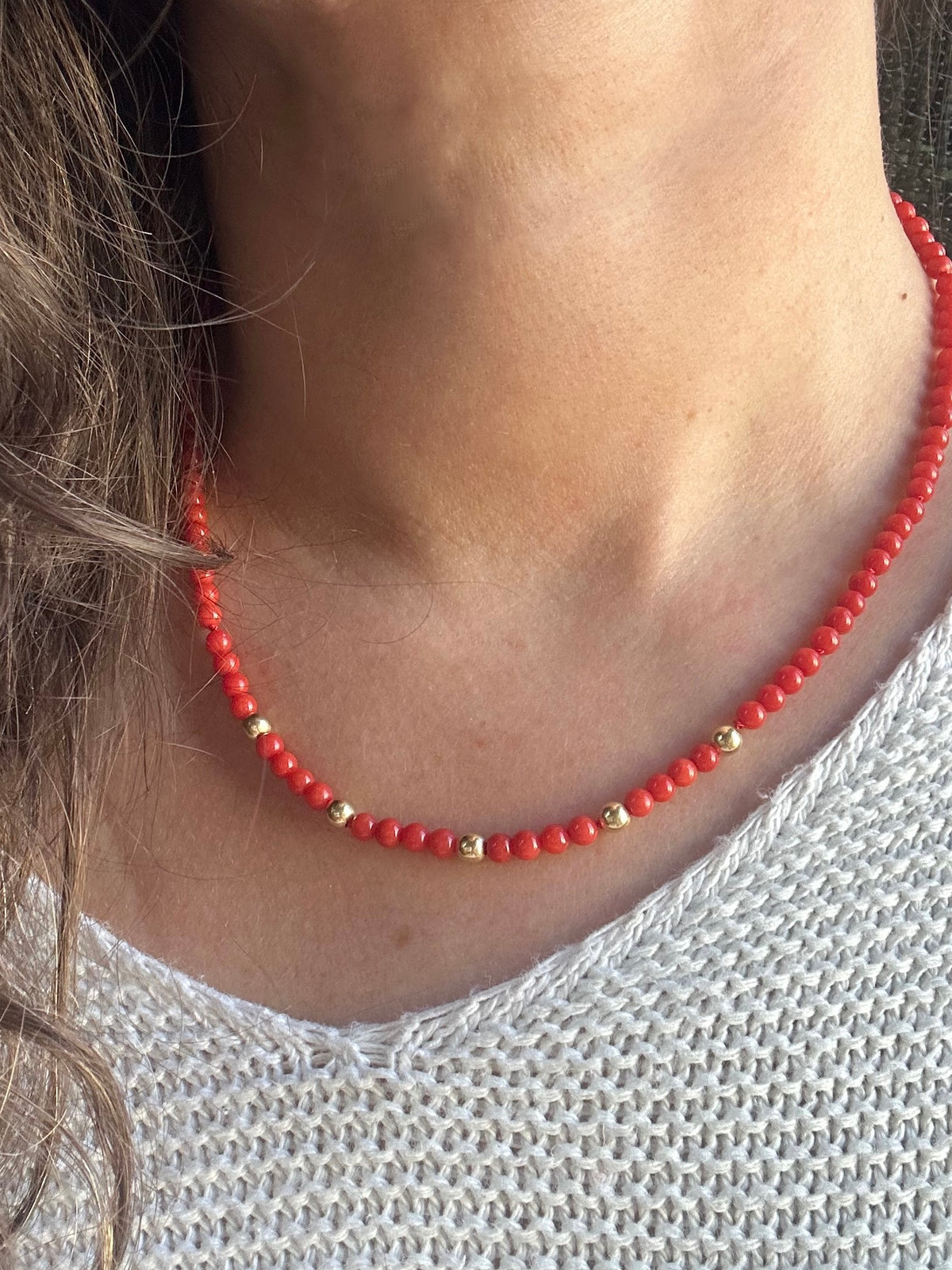 Natural Italian red coral beads, 4mm, strung on silk thread with gold findings