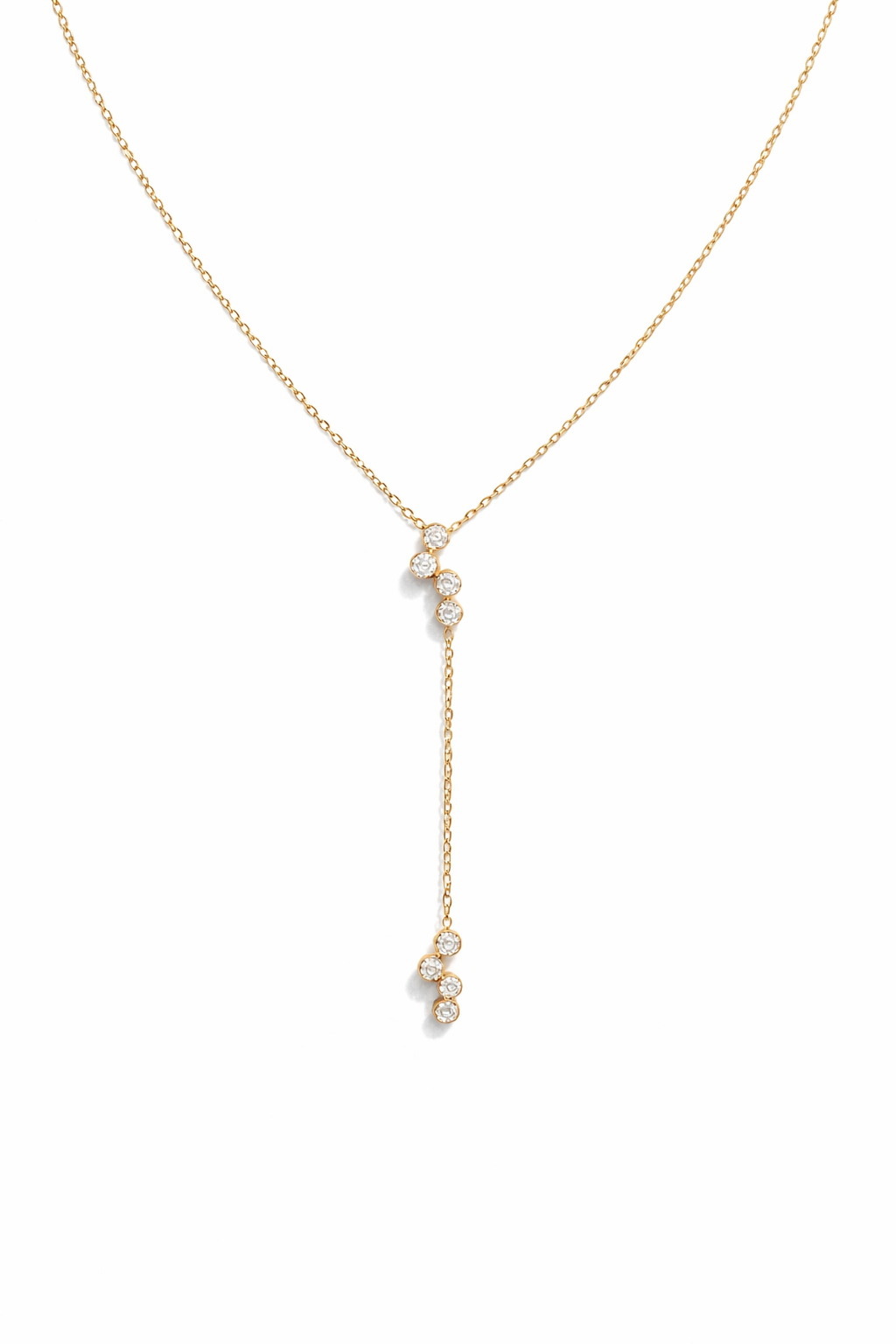 Y necklace with lab diamond clusters at the center of the chain and the vertical drop