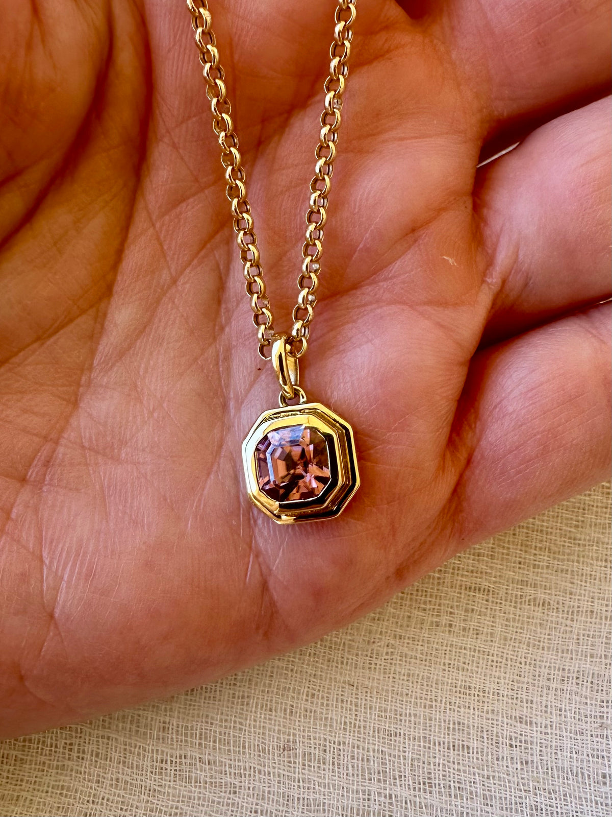 18K gold pendant with a 2ct pink zircon in a two-tier hexagon bezel | Yasmin Nabulsi Fine Jewelry