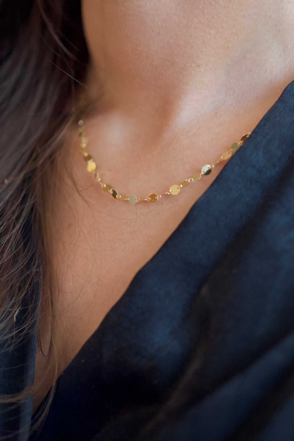 14K Solid Yellow Gold Disc Chain Necklace, 17 Inch
