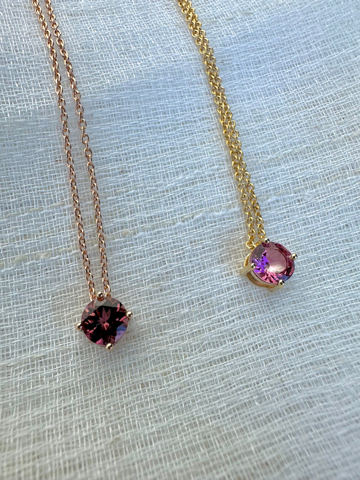Pink tourmaline slide-through pendant in yellow or rose 18K gold