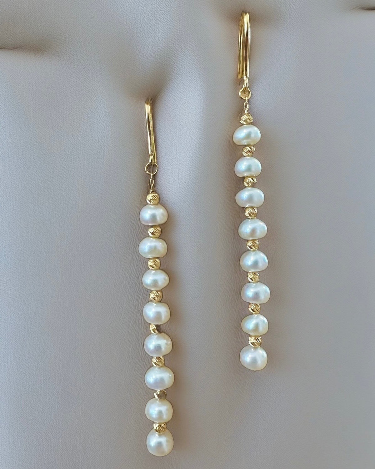 Long pearl drop earrings with freshwater pearls and gold beads in 18K gold | Yasmin Nabulsi Fine Jewelry