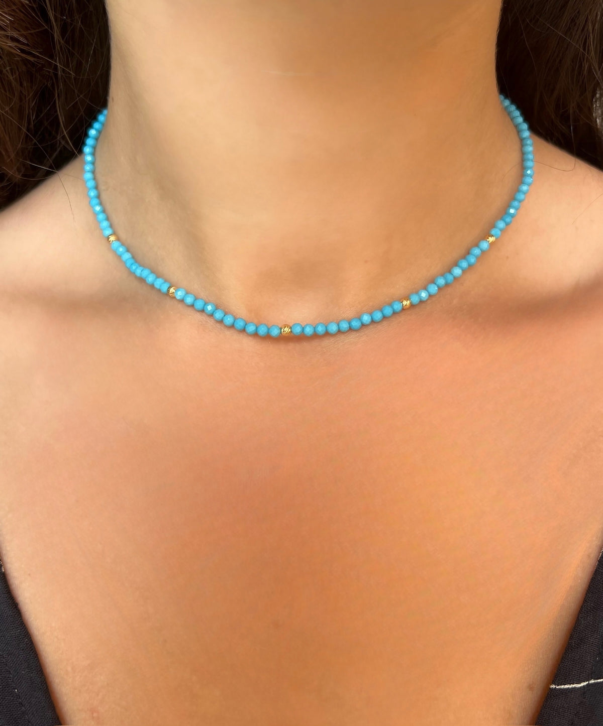 Turquoise choker with 3mm faceted turquoise beads and 18K solid gold beads | Yasmin Nabulsi Fine Jewelry