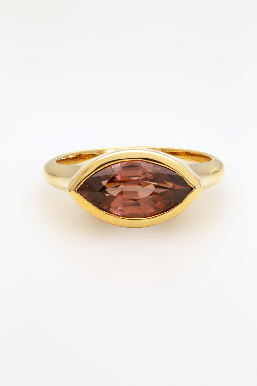 18K gold marquise zircon signet ring with a flat top measuring 8.8mm | Yasmin Nabulsi Fine Jewelry