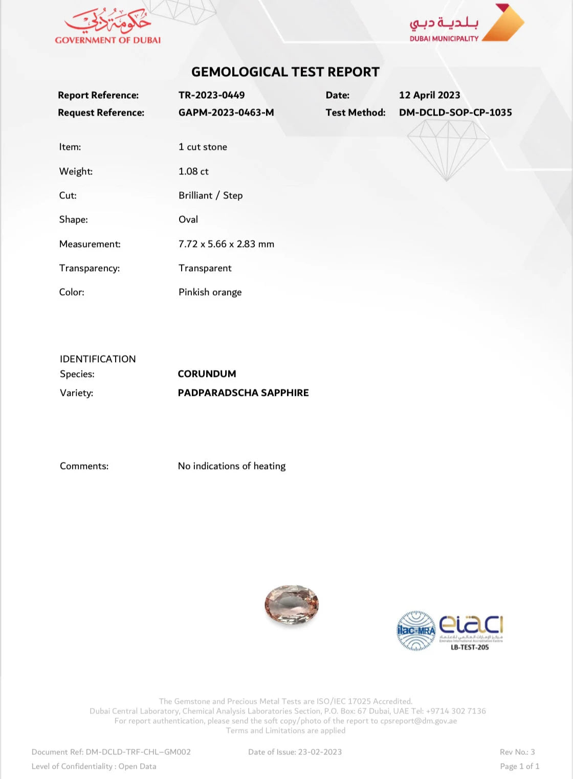 Padparadscha sapphire, 1.08 carat oval stone, with a Dubai Municipality Central Laboratory report