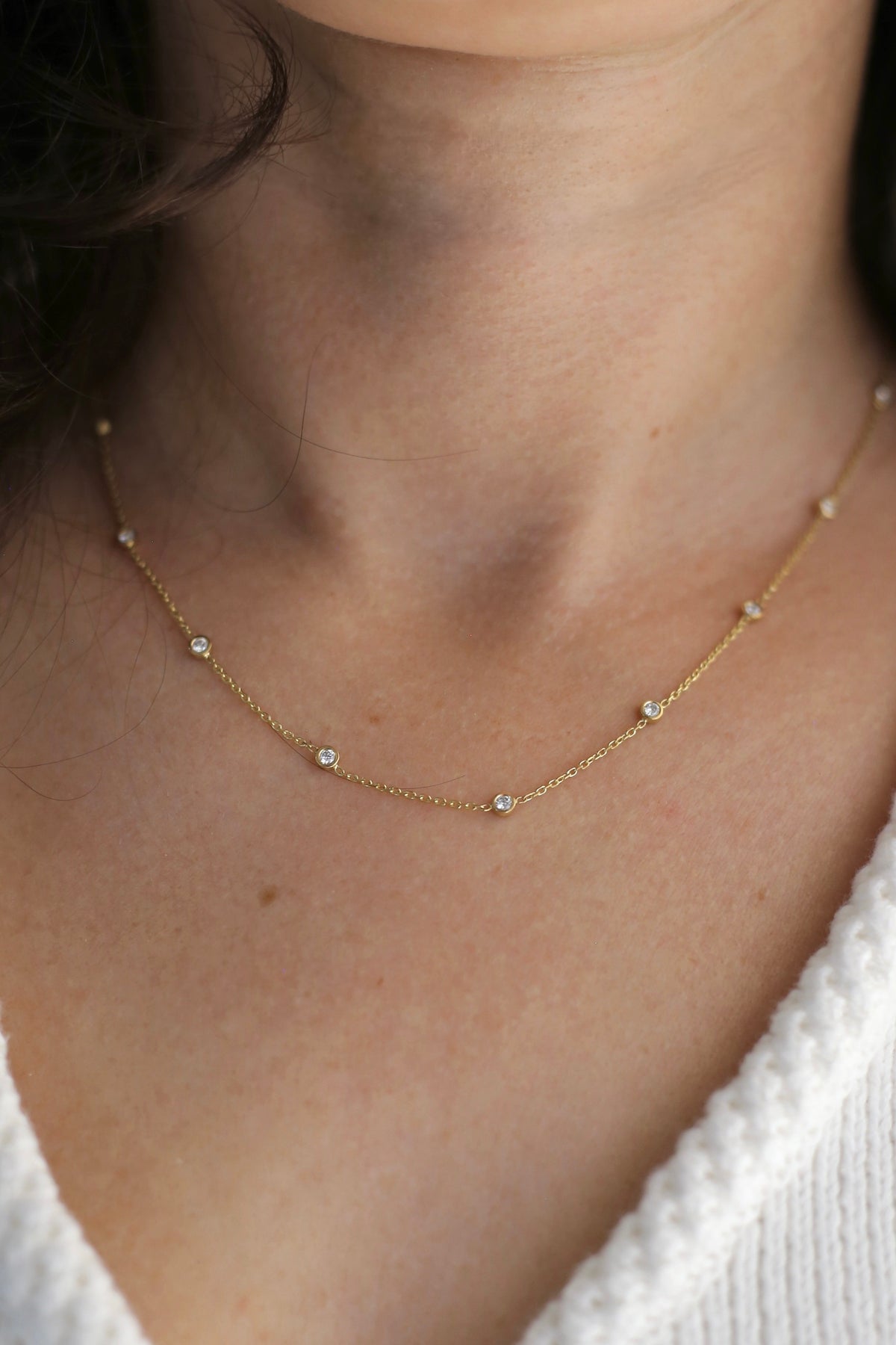 18K solid gold lab diamond station necklace with ten bezel set lab diamonds