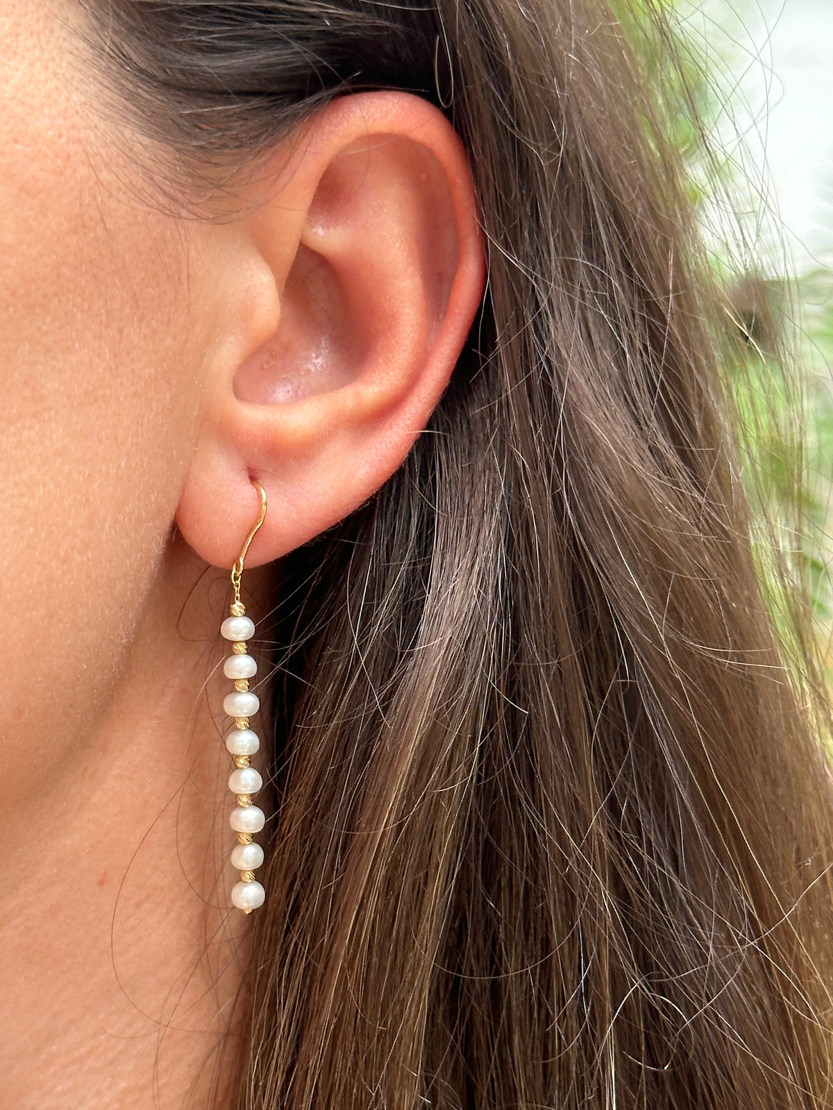 Freshwater pearl earrings with gold beads, 3 by 4.2mm pearls