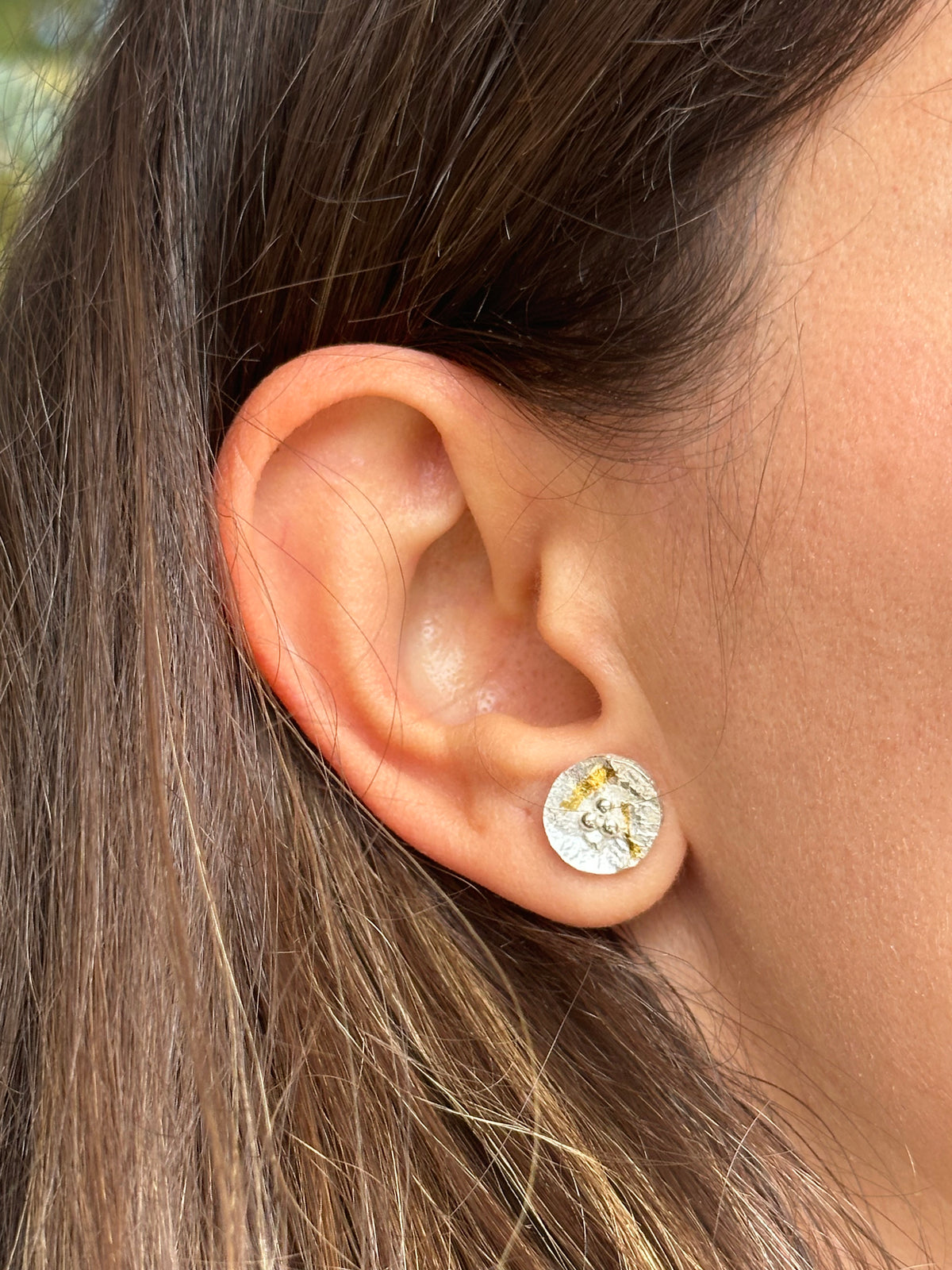Round silver disc studs with gold foil, recycled sterling silver 925