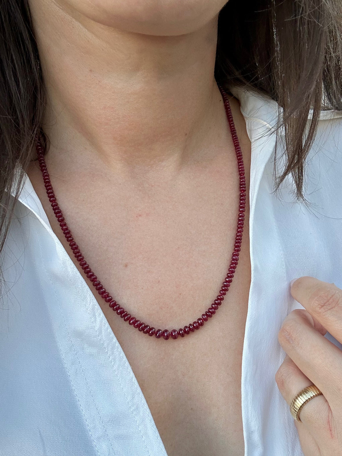 Graduated ruby beaded necklace with natural ruby beads and 18K solid gold findings | Yasmin Nabulsi Fine Jewelry