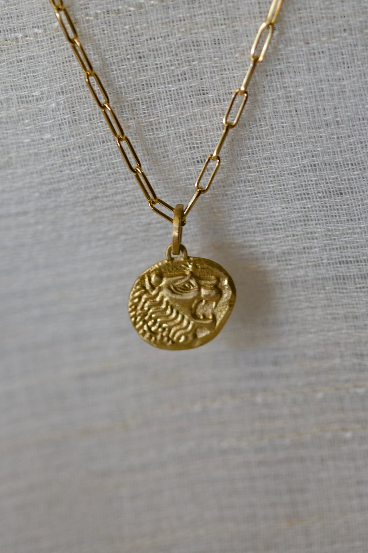 Lion pendant in 14K solid yellow gold with a brushed finish