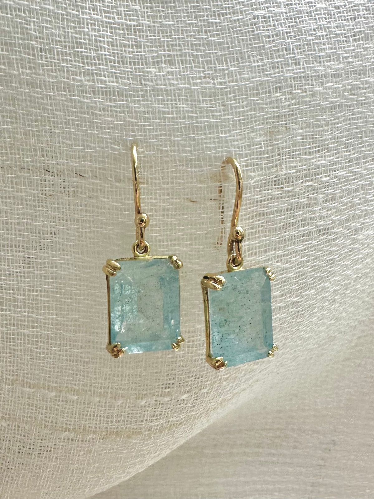 Emerald cut green aquamarine drop earrings in 18K yellow gold with french hooks | Yasmin Nabulsi Fine Jewelry