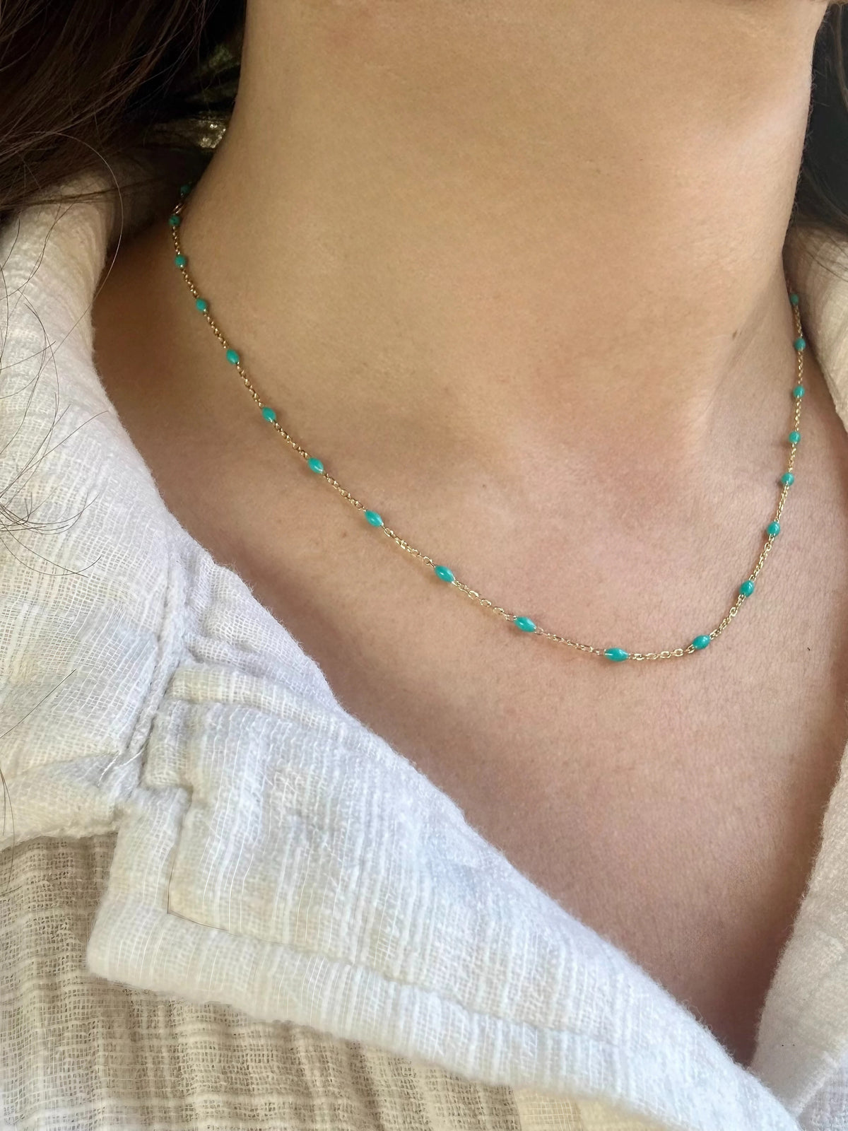 Solid 18K gold necklace with hand-applied enamel beads