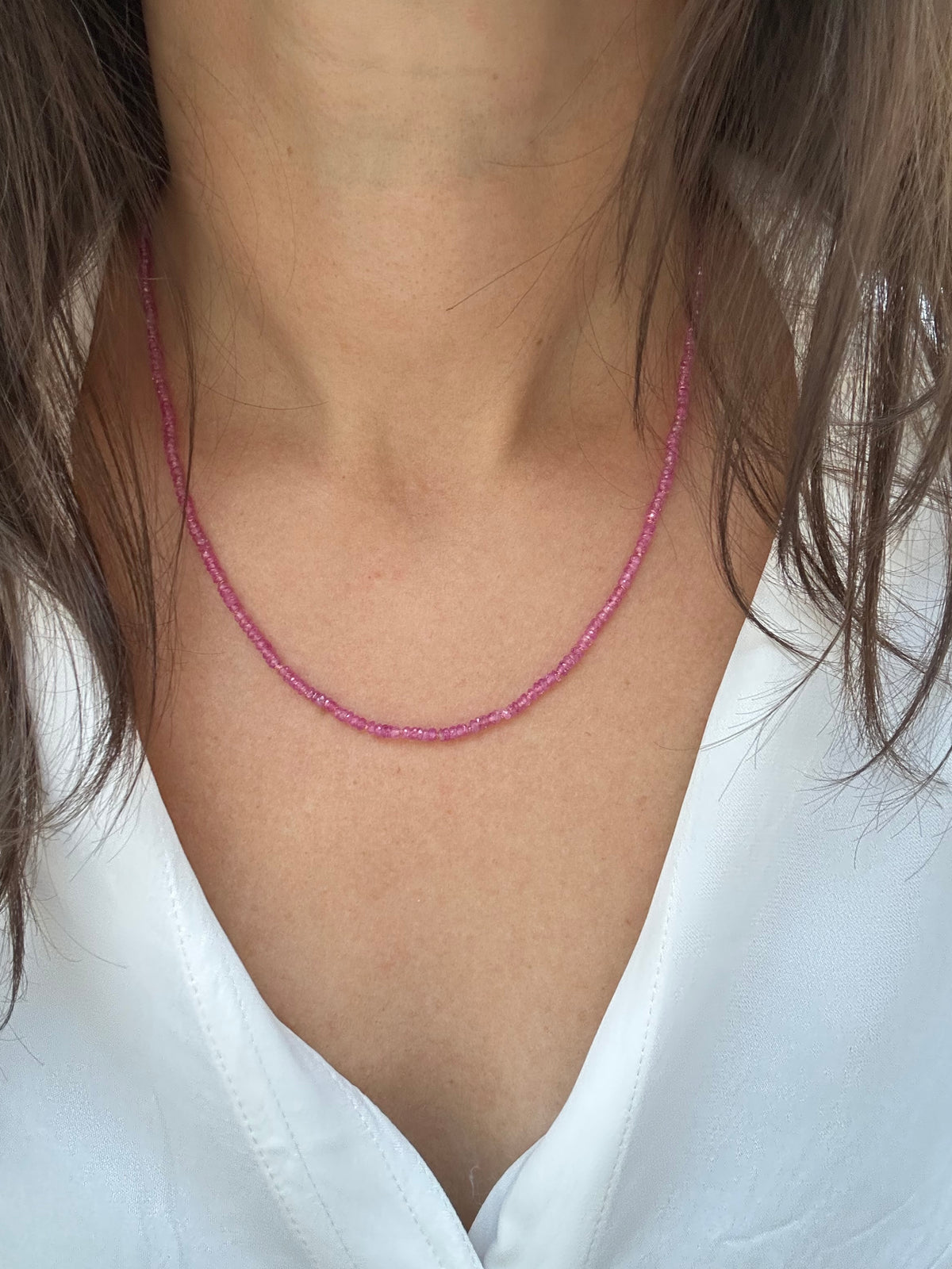 Faceted pink sapphire beaded necklace with 18K solid gold findings | Yasmin Nabulsi Fine Jewelry