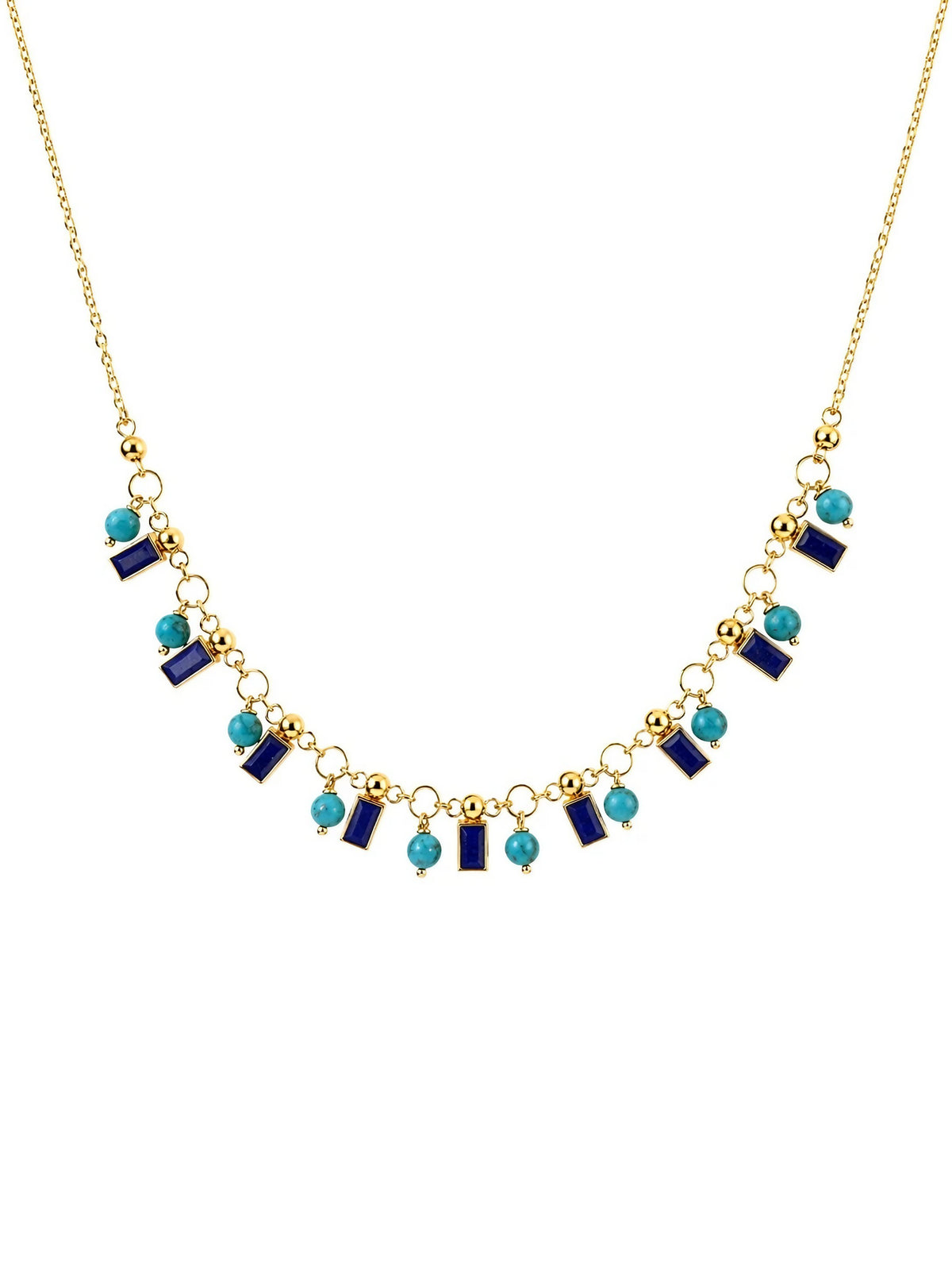 Gold turquoise necklace with royal blue enamel drop links, close-up view