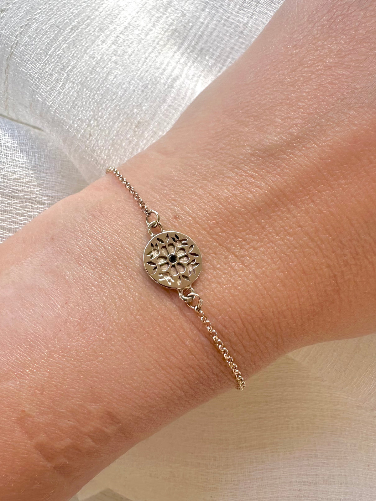 Tatreez bracelet, another view of the charm and chain