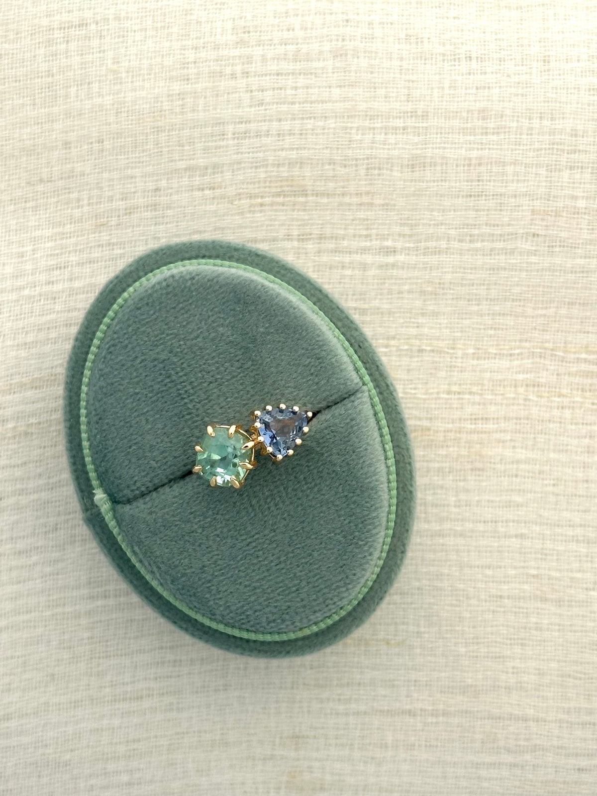 Toi et Moi custom ring in 18K gold with the green tourmaline and blue sapphire side by side