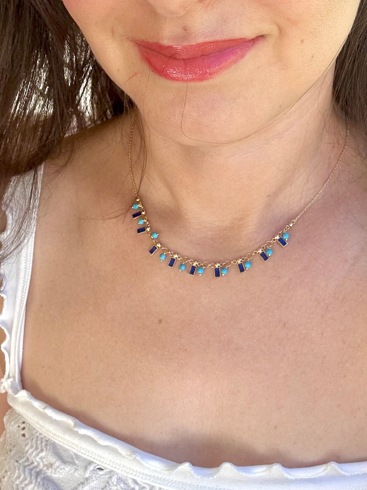 18K gold station necklace with turquoise beads and royal blue enamel drop links | Yasmin Nabulsi Fine Jewelry