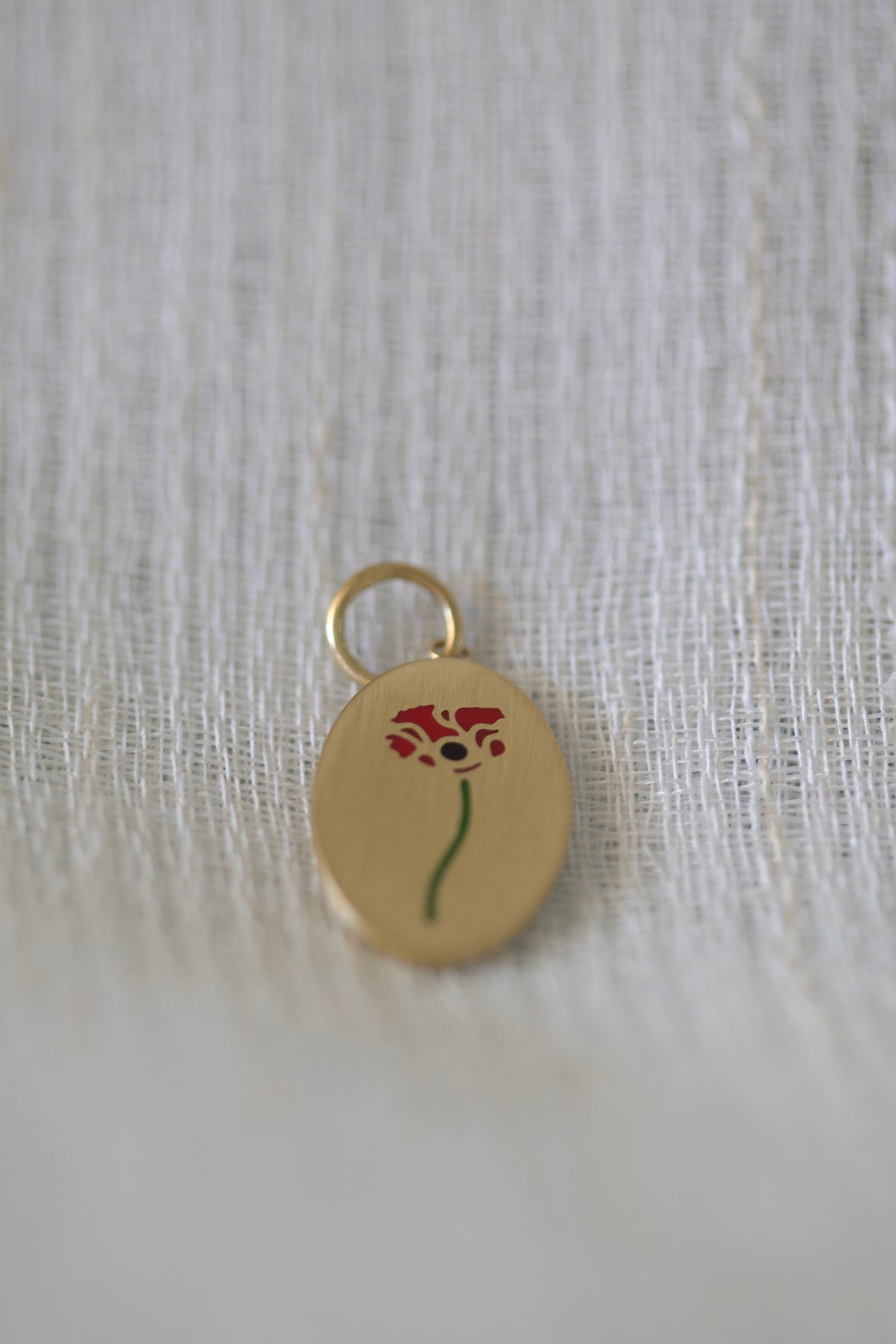Red enamel poppy flower charm in brushed 18K gold, 16mm without bail