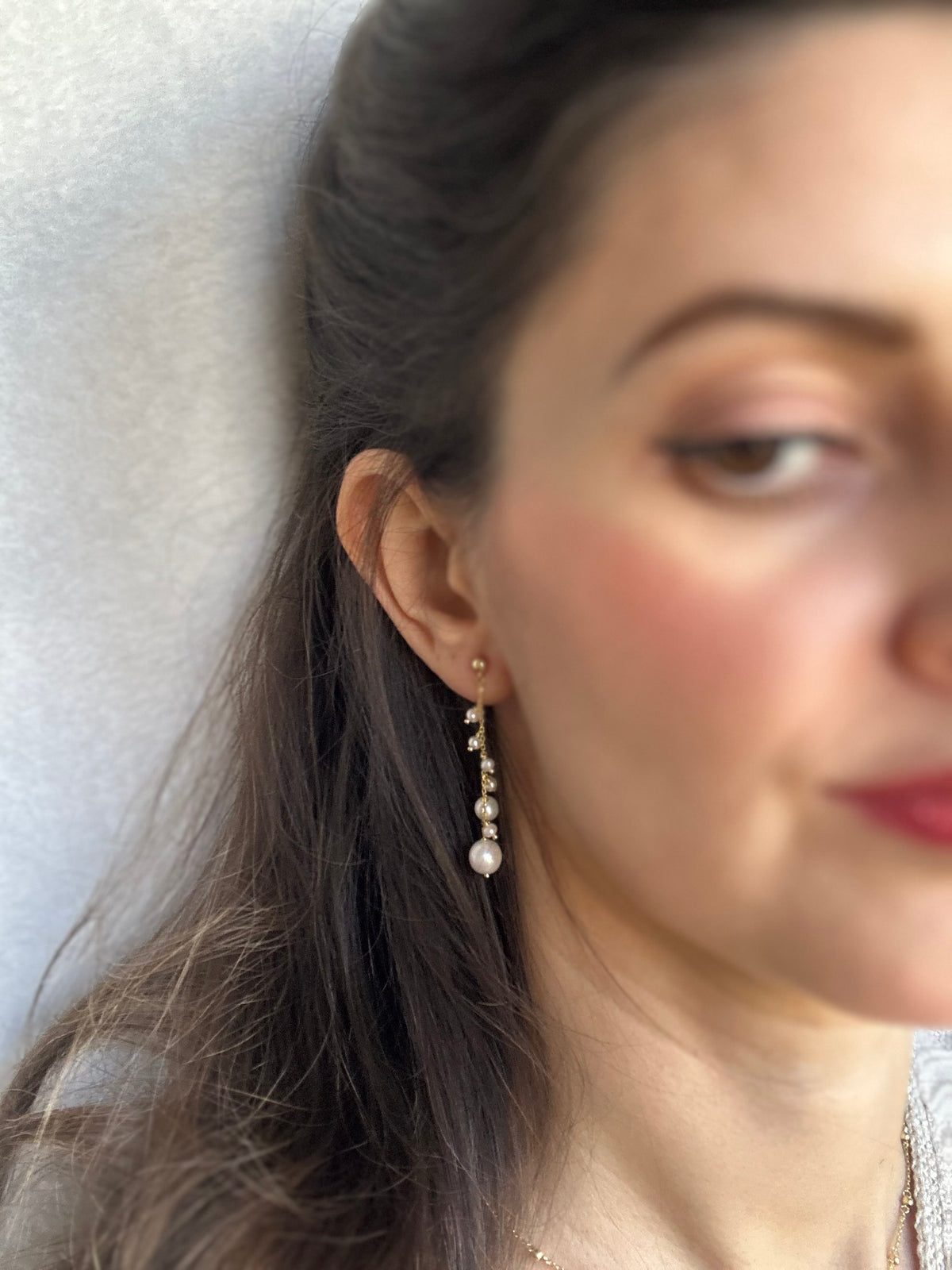 18K gold pearl drop earrings, 2 inches total length, shown from another angle