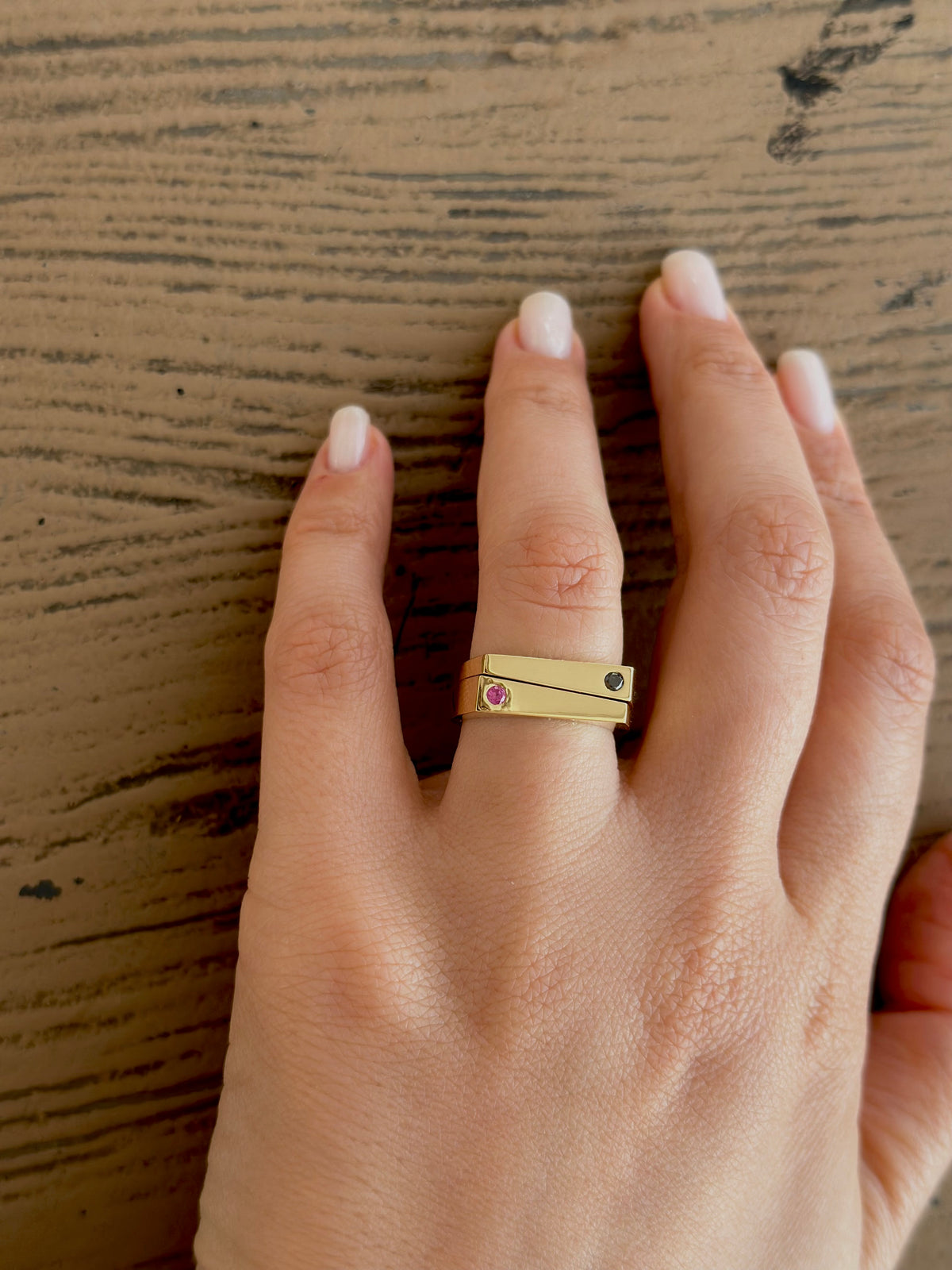 Tokyo Modernist gold ring with clean lines and an architectural silhouette