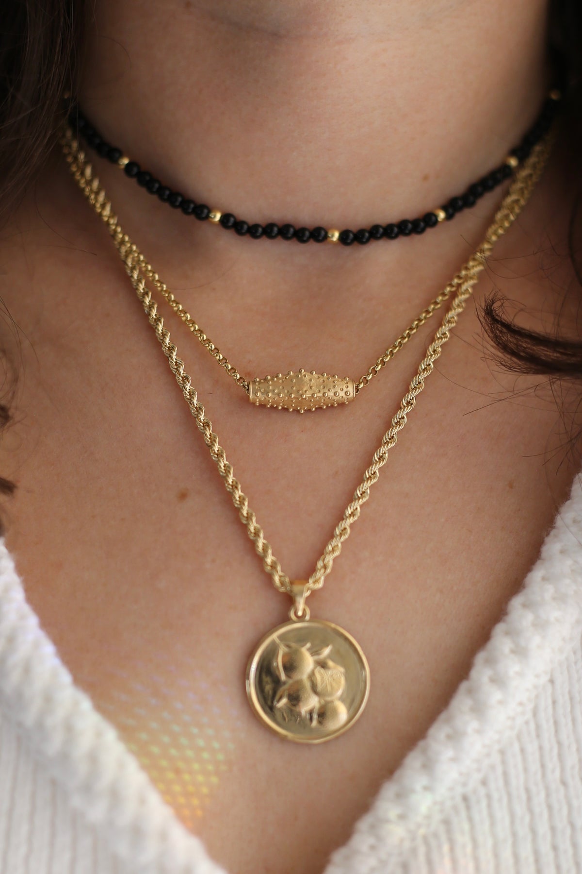 Hexagonal gold slider pendant with a raw, unfinished textured surface in 14K or 18K gold | Yasmin Nabulsi Fine Jewelry