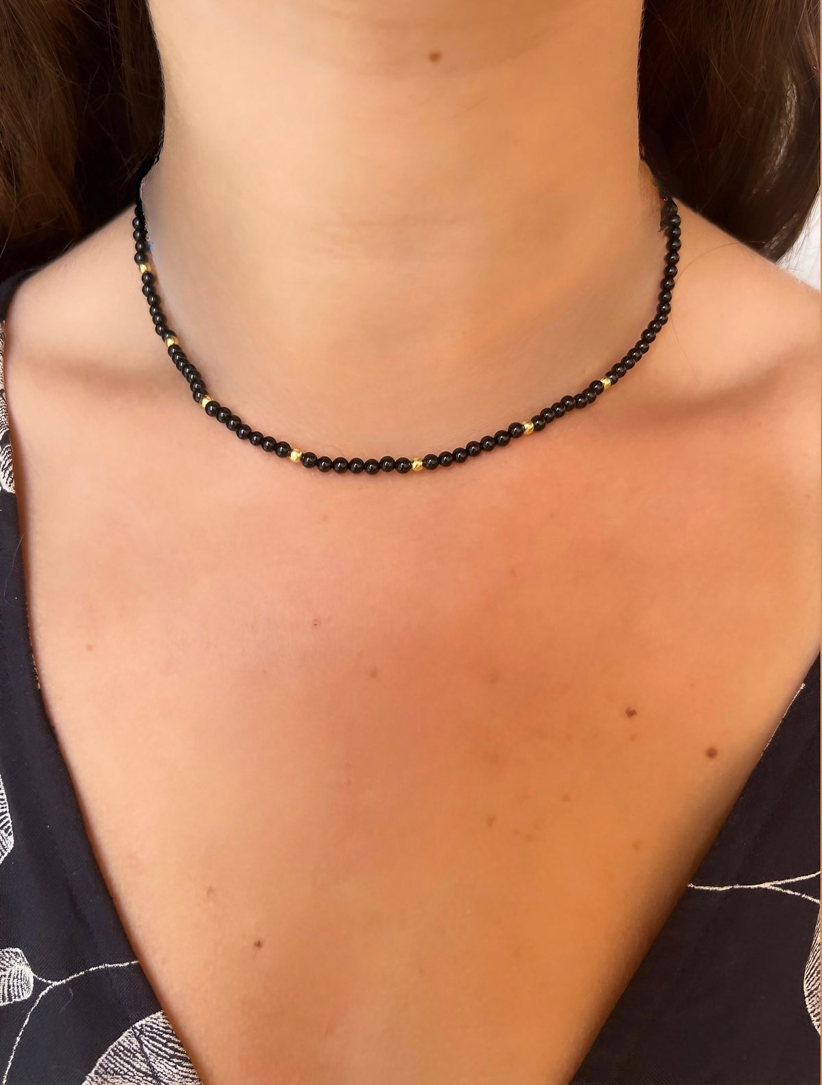 Black onyx beaded choker with 18K solid gold beads and findings
