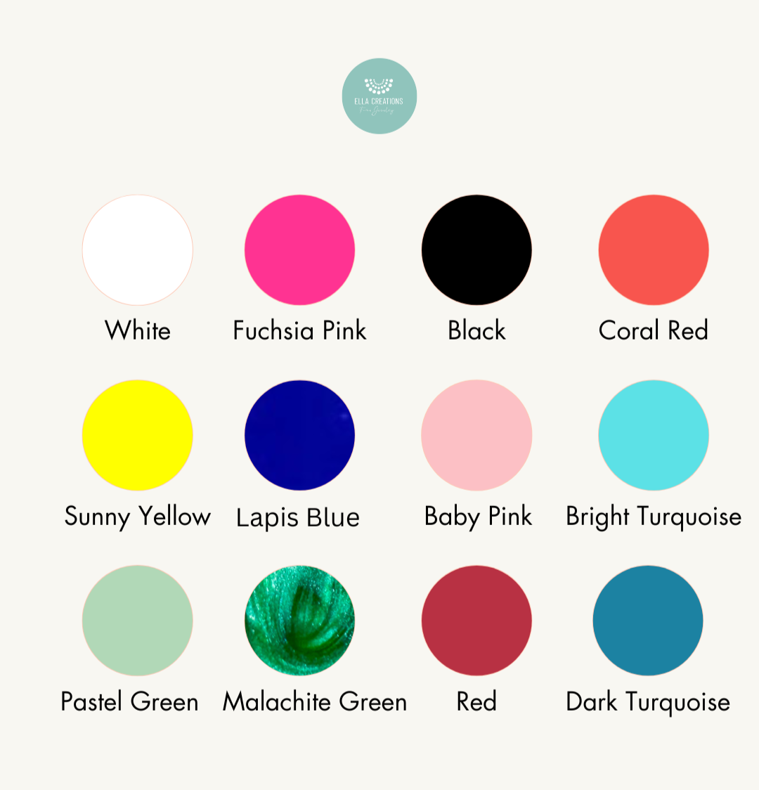 Enamel color options chart for 18K gold enamel pieces