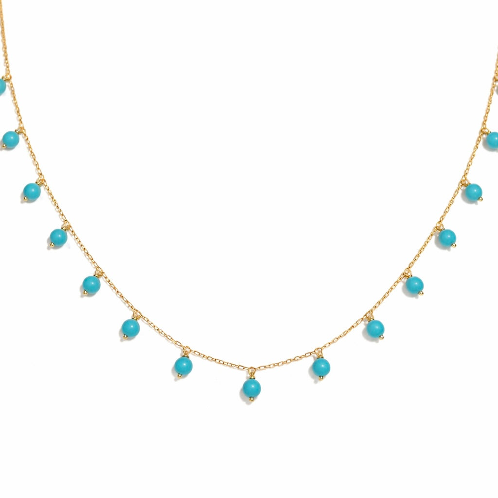 Natural turquoise bead choker in solid 18K gold, wire-wrapped stones