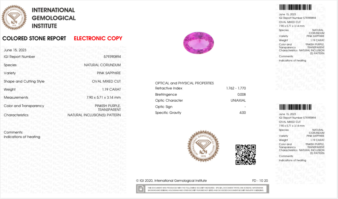 Heated pink sapphire, 1.19 carat oval gemstone, with IGI certification noted