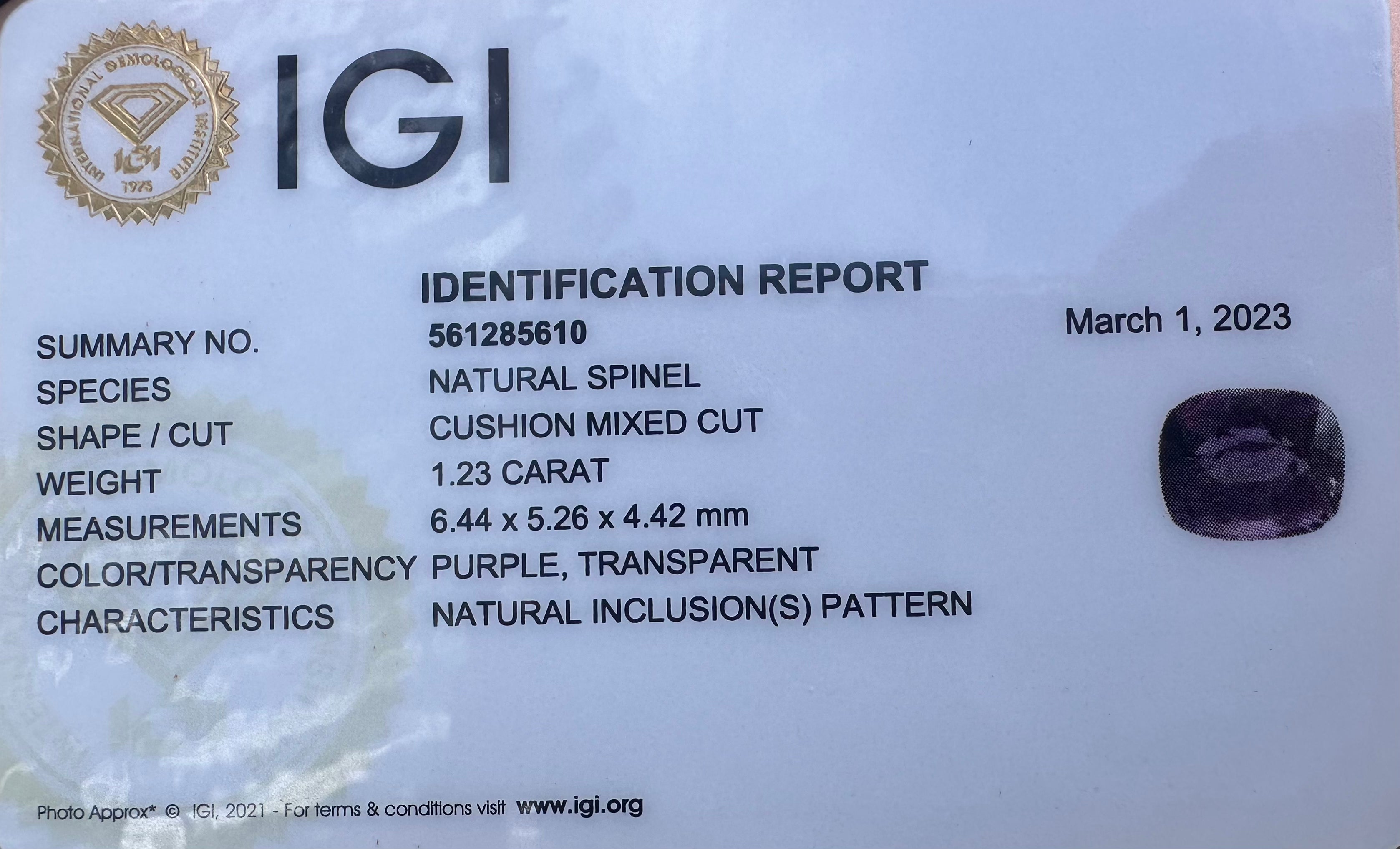 Cushion cut purple spinel, a 1.23 carat mixed cut gemstone