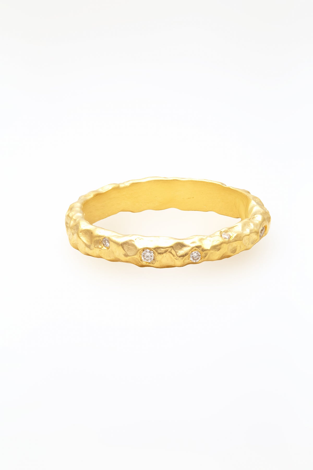 Glypto Diamond Band, hand carved hammered gold ring with small flush set diamonds | Yasmin Nabulsi Fine Jewelry