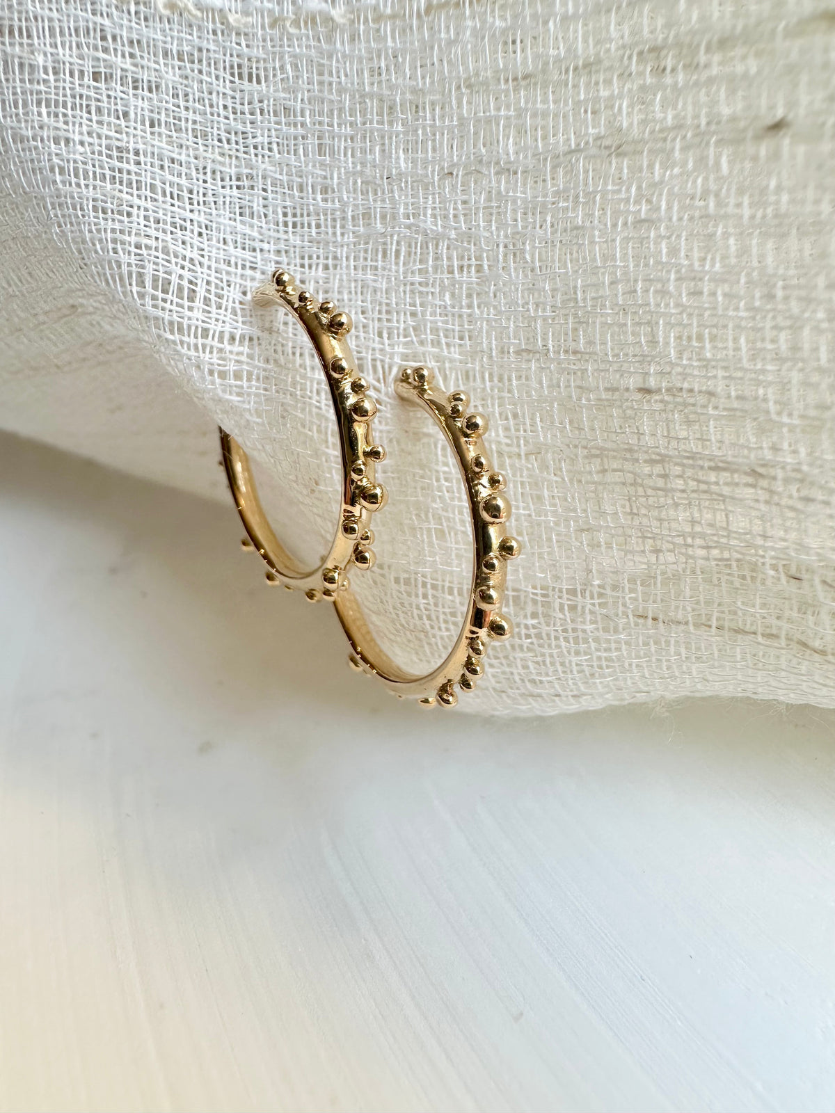 16mm solid gold hoop earrings with granule texture on the outer top | Yasmin Nabulsi Fine Jewelry