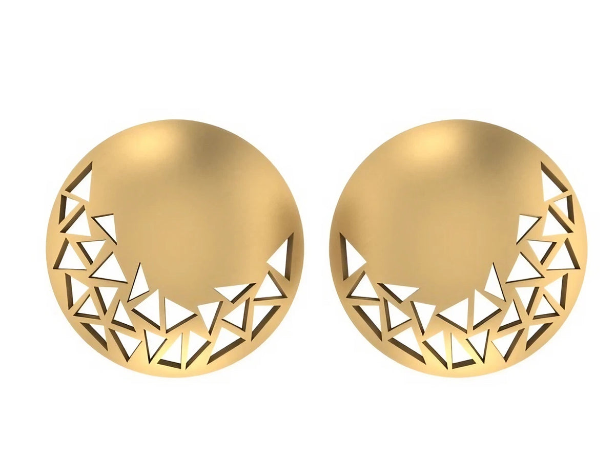 Gold button earrings with a polished finish and triangular geometric cutouts