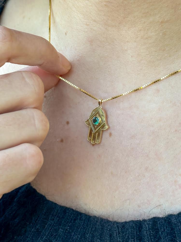 Hamsa hand pendant with a lapis lazuli stone, 14K or 18K yellow gold