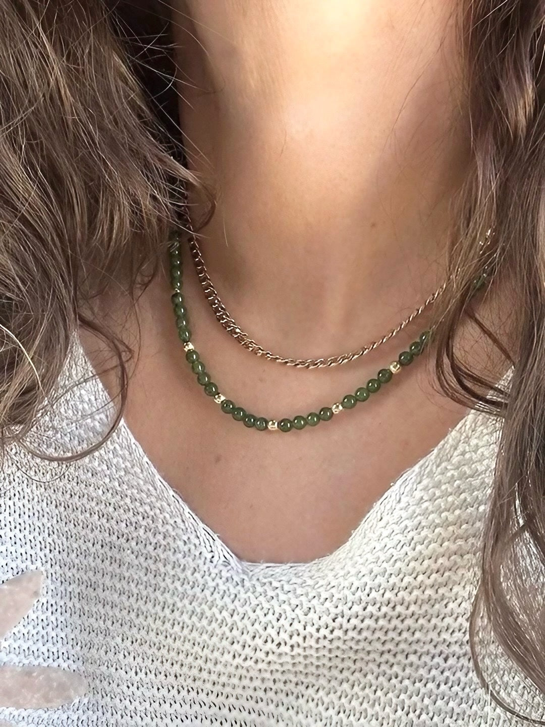 Jade beaded necklace with a 14K solid gold lobster clasp and 1 inch extension