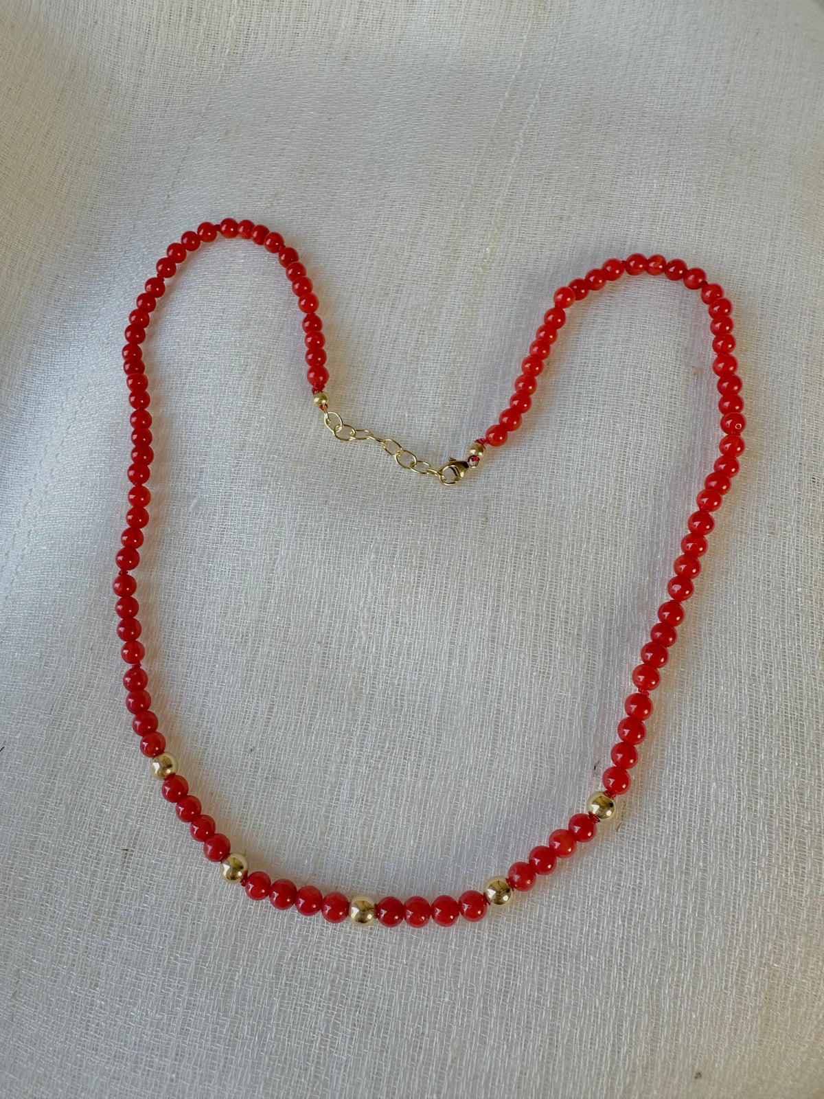 Red coral necklace with five 18K solid gold beads and an 18K gold extension