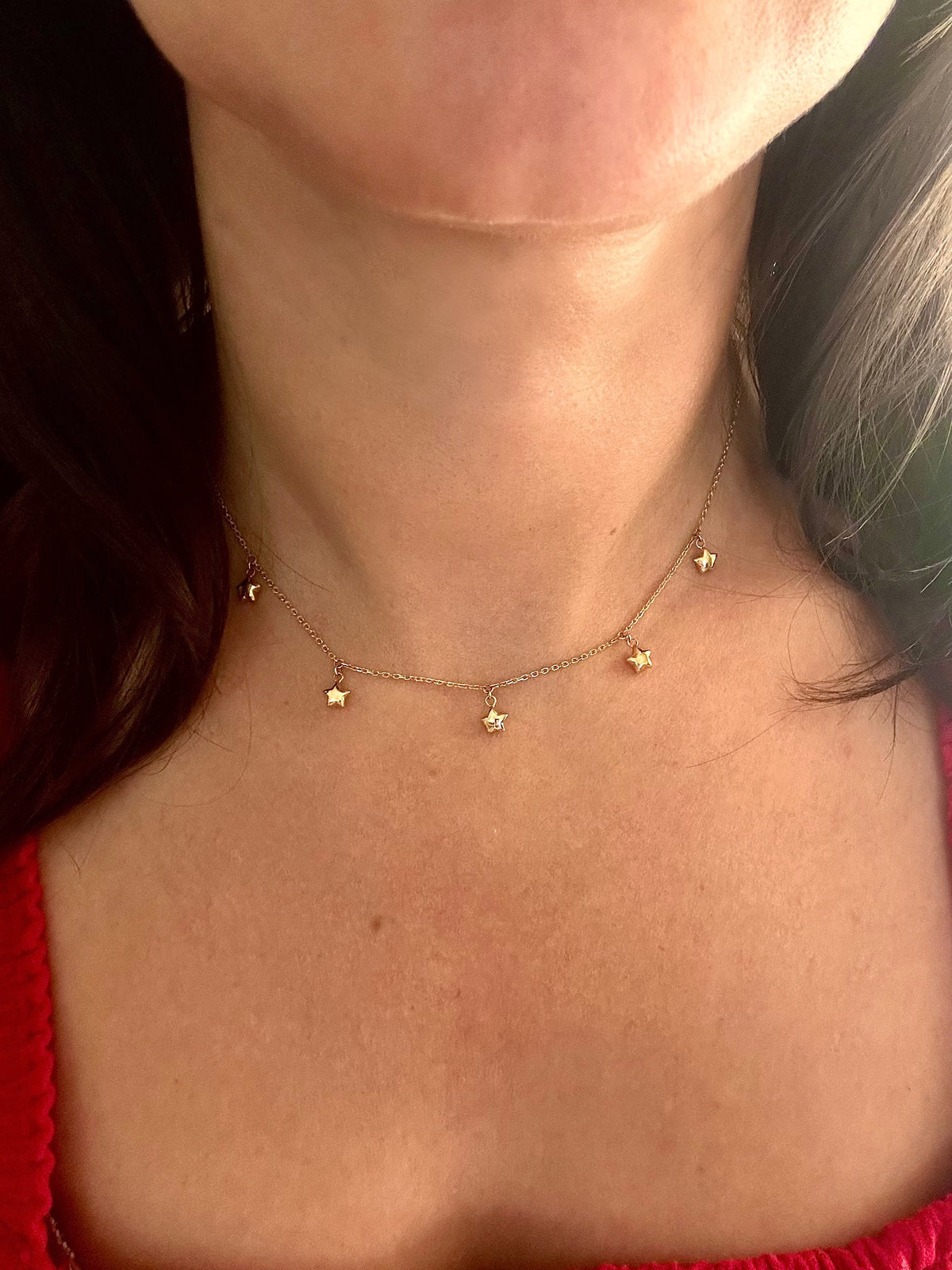 18K solid gold stars necklace worn at the neckline, 16 inch adjustable chain