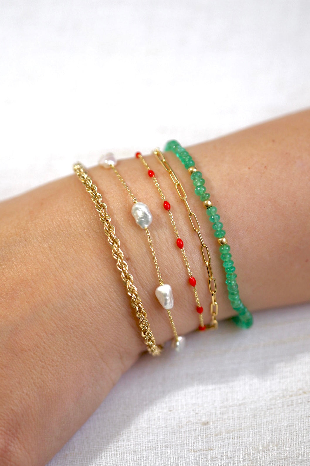 Red enamel bead station bracelet in 18K gold, ready to ship